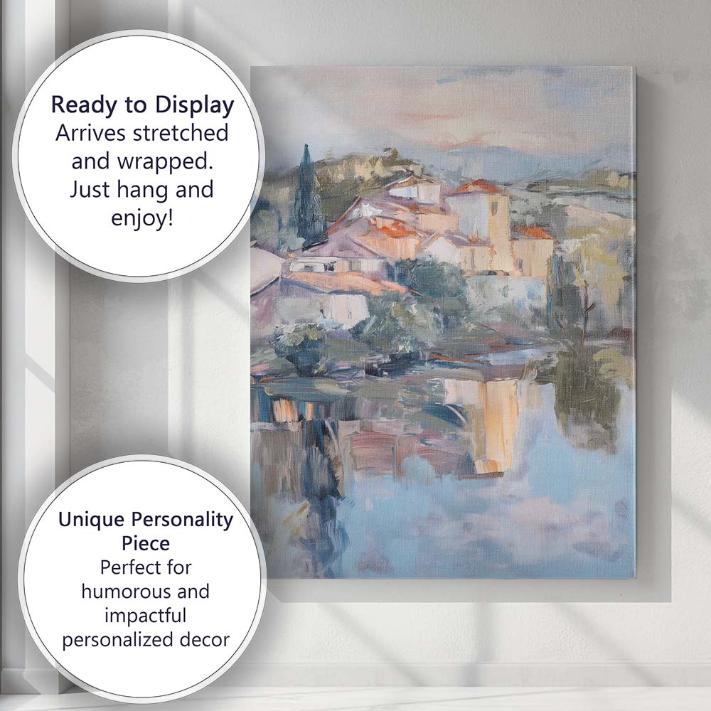 Contemporary Mediterranean Village Waterside Landscape Impressionist Canvas Wall Art Print Decor Picture Ready to Hang