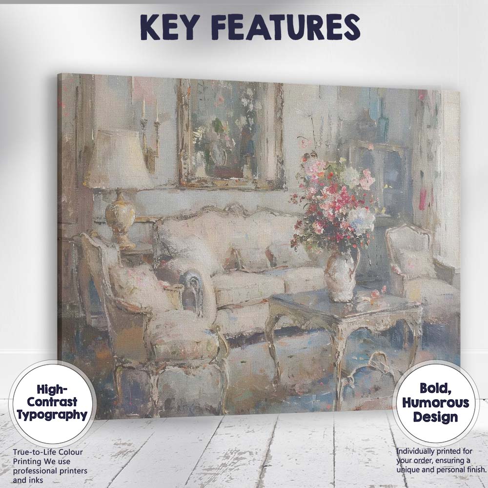 Elegant French Country Living Room Floral Interior Painting Canvas Wall Art Print Decor Picture Ready to Hang
