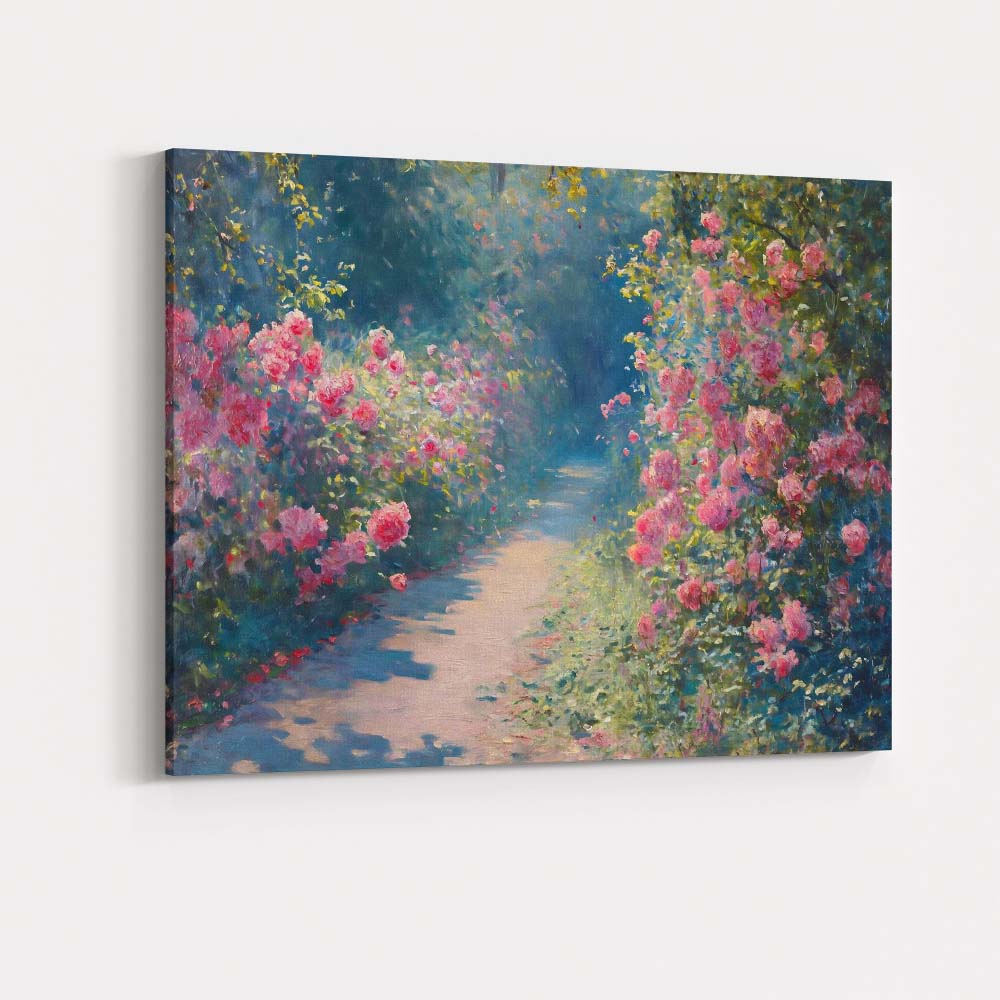 Romantic Pink Rose Garden Sunlit Path Impressionist Landscape Canvas Wall Art Print Decor Picture Ready to Hang