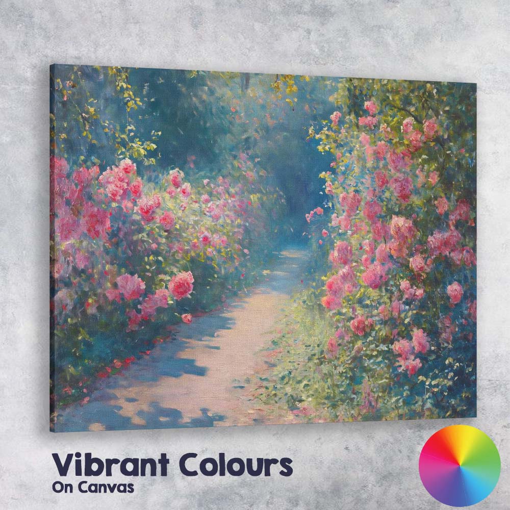Romantic Pink Rose Garden Sunlit Path Impressionist Landscape Canvas Wall Art Print Decor Picture Ready to Hang