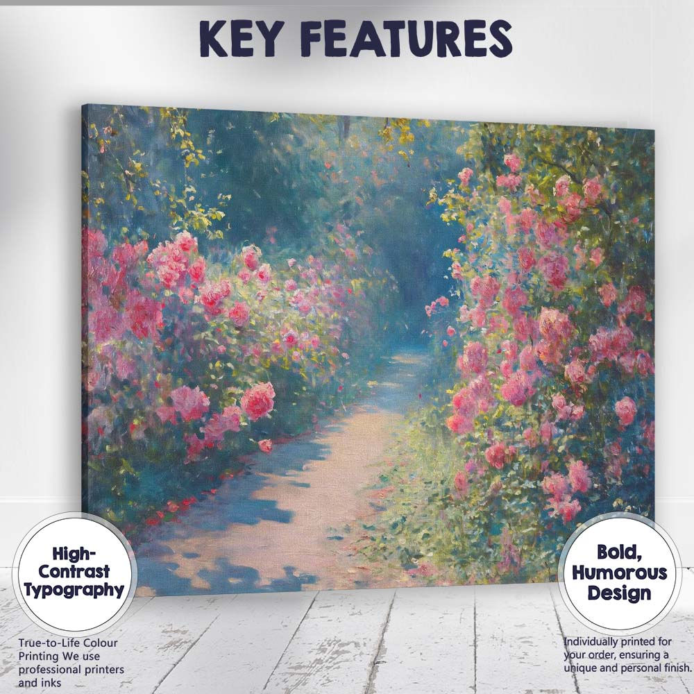 Romantic Pink Rose Garden Sunlit Path Impressionist Landscape Canvas Wall Art Print Decor Picture Ready to Hang