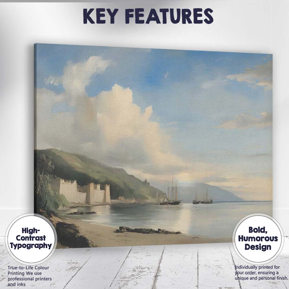 Coastal Castle Harbour Sailing Boats Serene Seascape Canvas Wall Art Print Decor Picture Ready to Hang