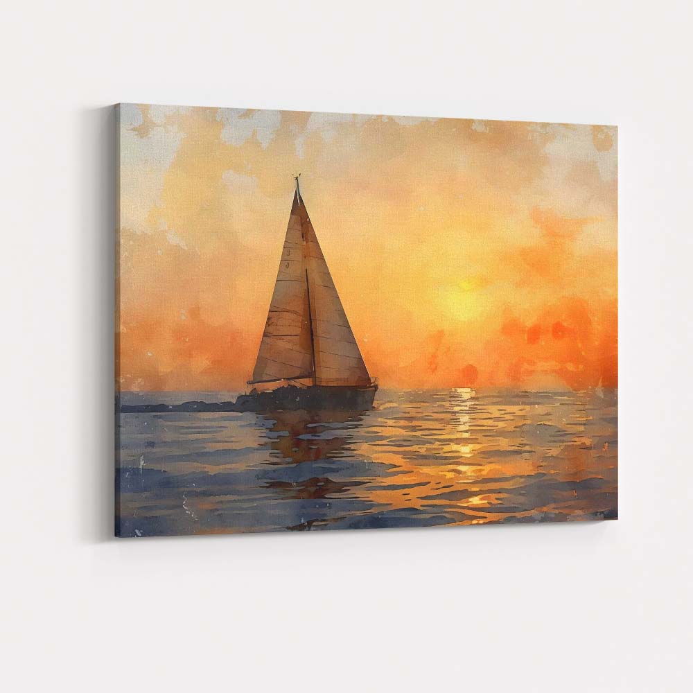 Golden Sunset Sailboat Watercolour Ocean Seascape Canvas Wall Art Print Decor Picture Ready to Hang