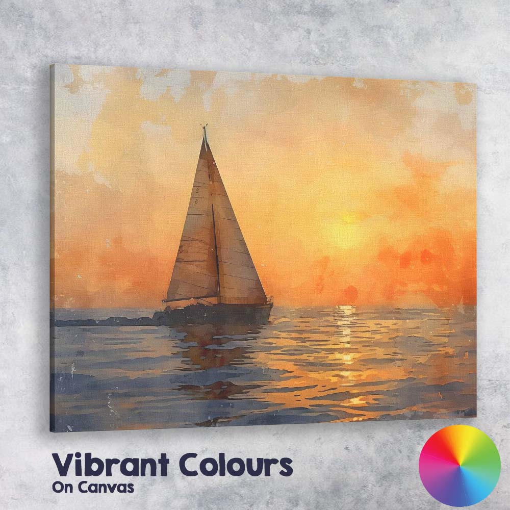 Golden Sunset Sailboat Watercolour Ocean Seascape Canvas Wall Art Print Decor Picture Ready to Hang
