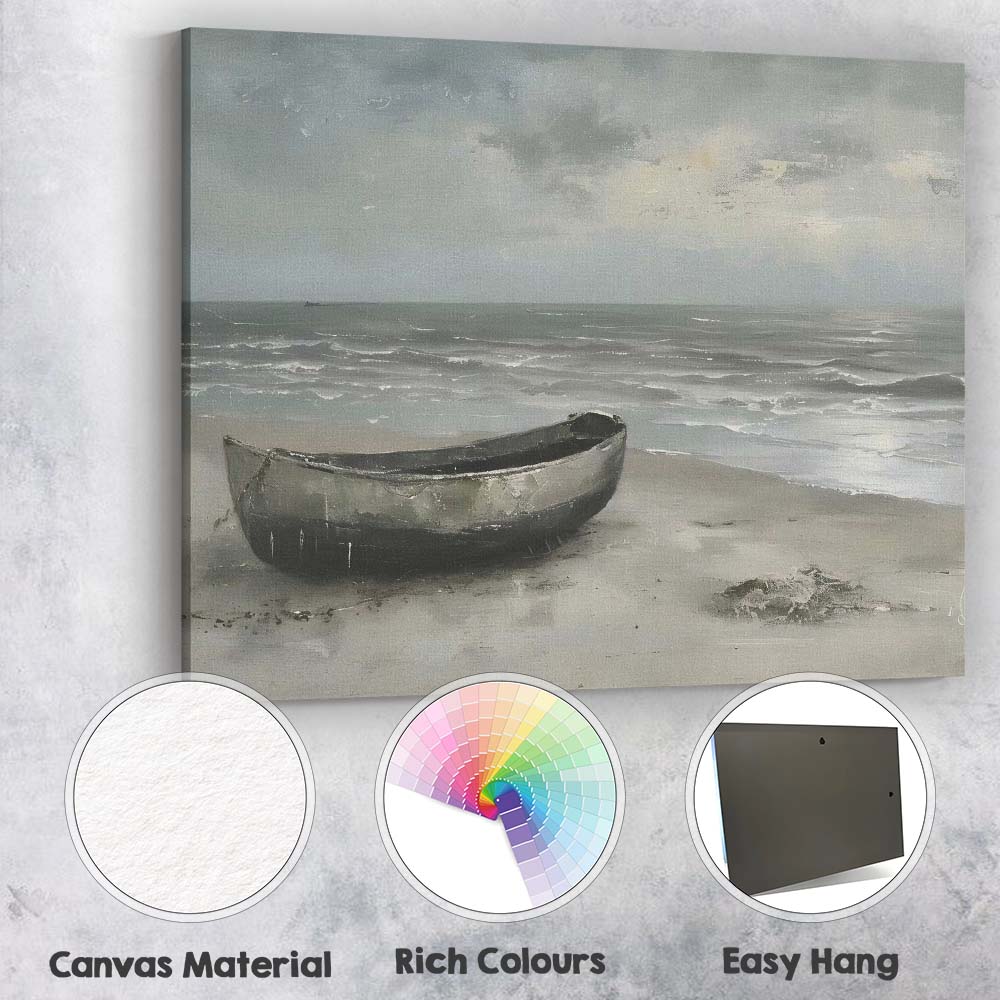 Moody Beach Fishing Boat Coastal Seascape Landscape Canvas Wall Art Print Decor Picture Ready to Hang