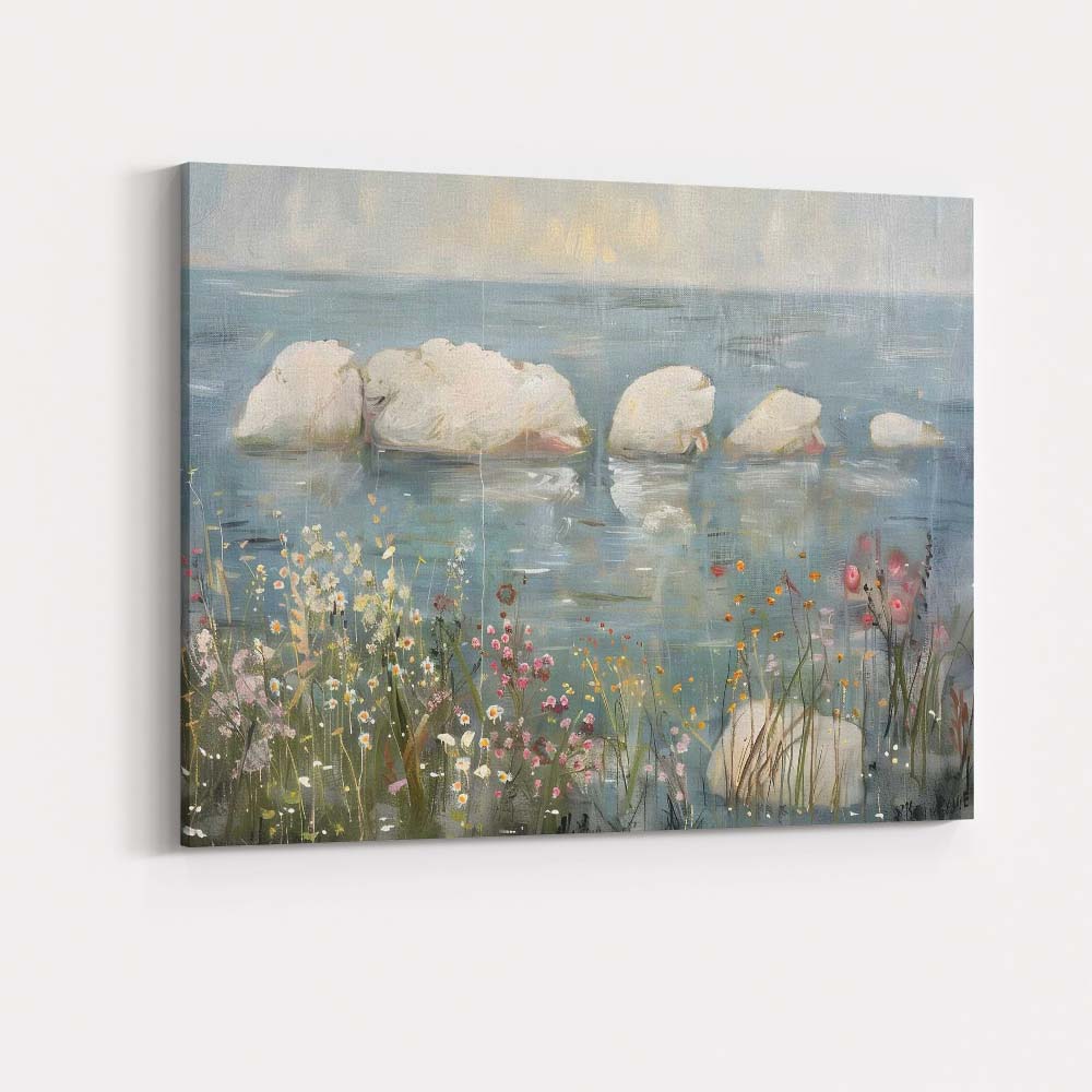 Peaceful Swan Family Lake Wildflower Waterside Canvas Wall Art Print Decor Picture Ready to Hang
