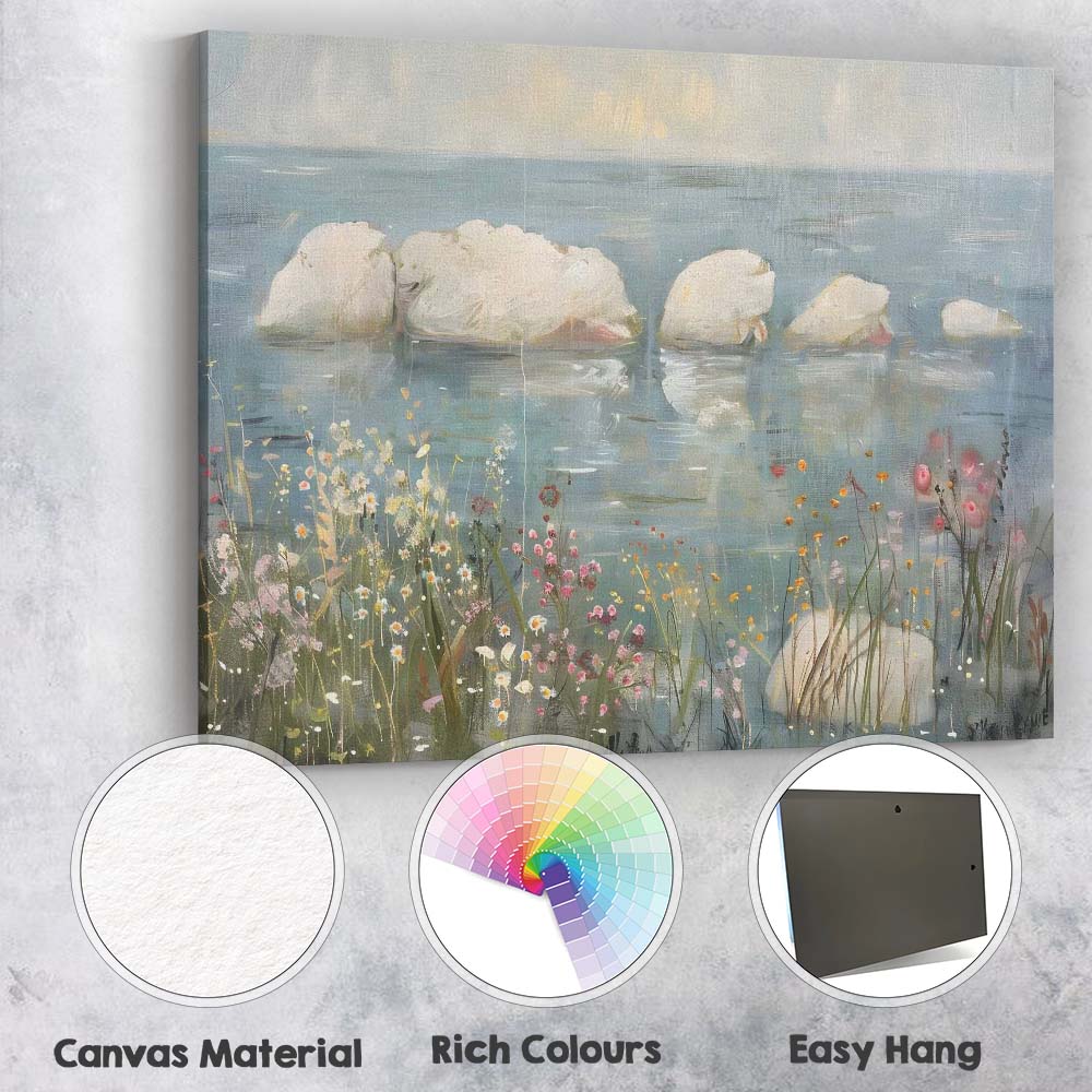 Peaceful Swan Family Lake Wildflower Waterside Canvas Wall Art Print Decor Picture Ready to Hang