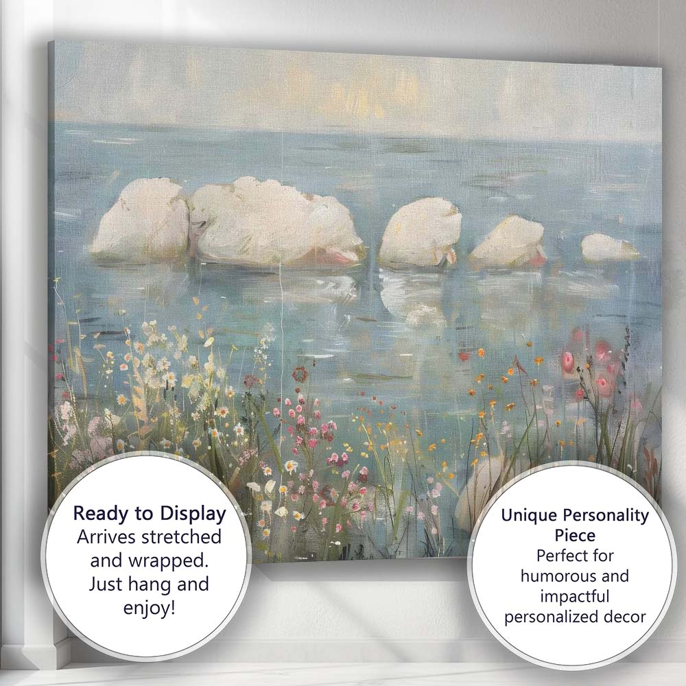 Peaceful Swan Family Lake Wildflower Waterside Canvas Wall Art Print Decor Picture Ready to Hang