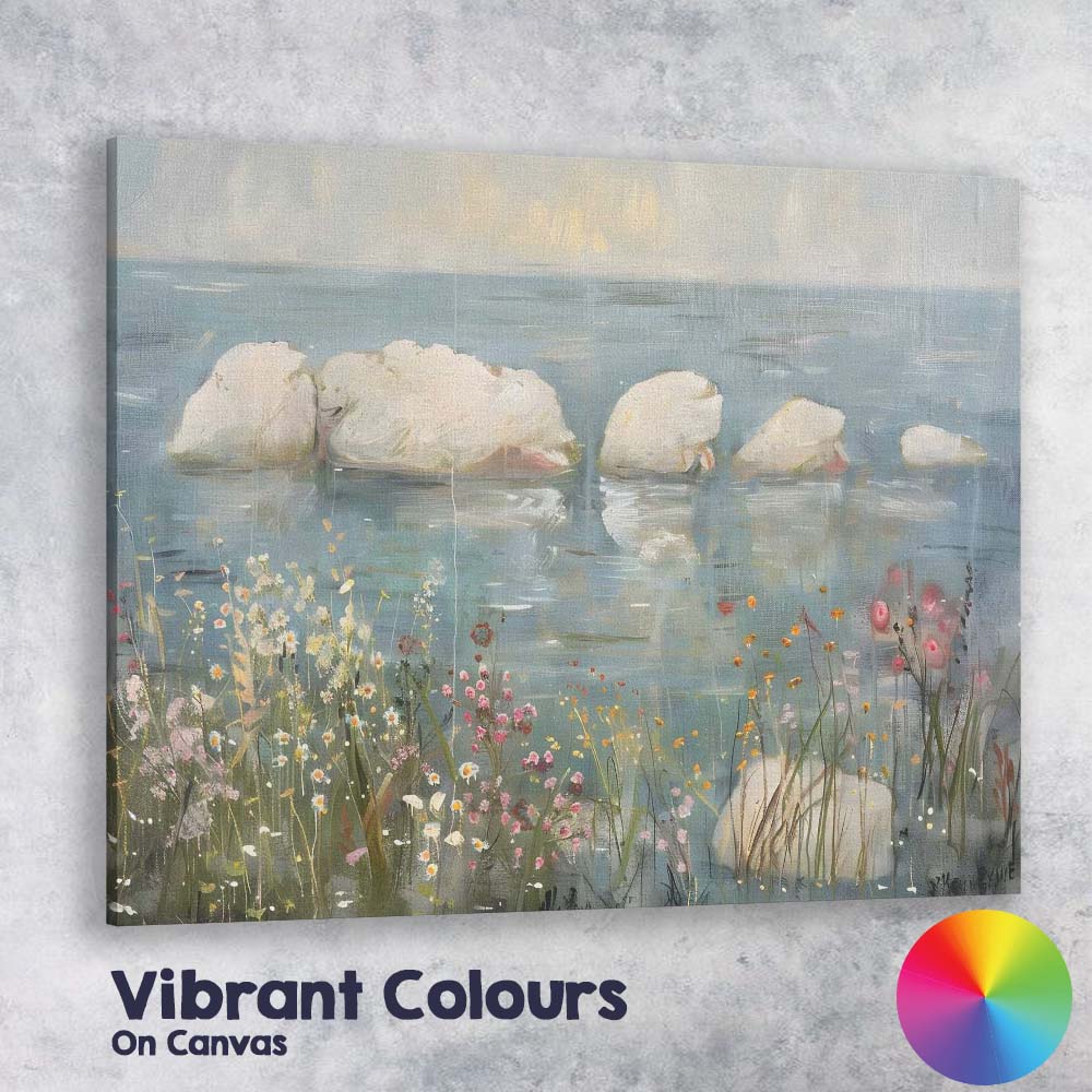 Peaceful Swan Family Lake Wildflower Waterside Canvas Wall Art Print Decor Picture Ready to Hang