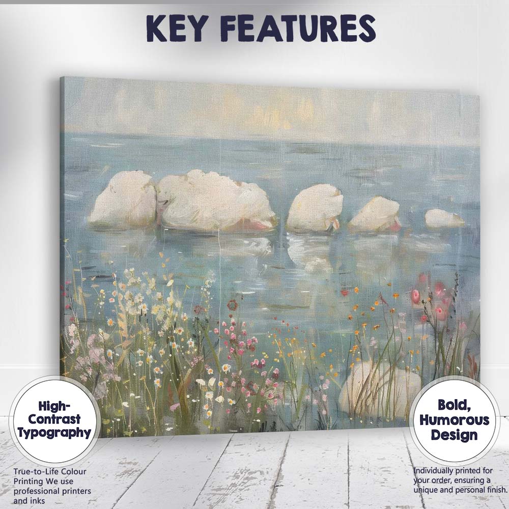 Peaceful Swan Family Lake Wildflower Waterside Canvas Wall Art Print Decor Picture Ready to Hang