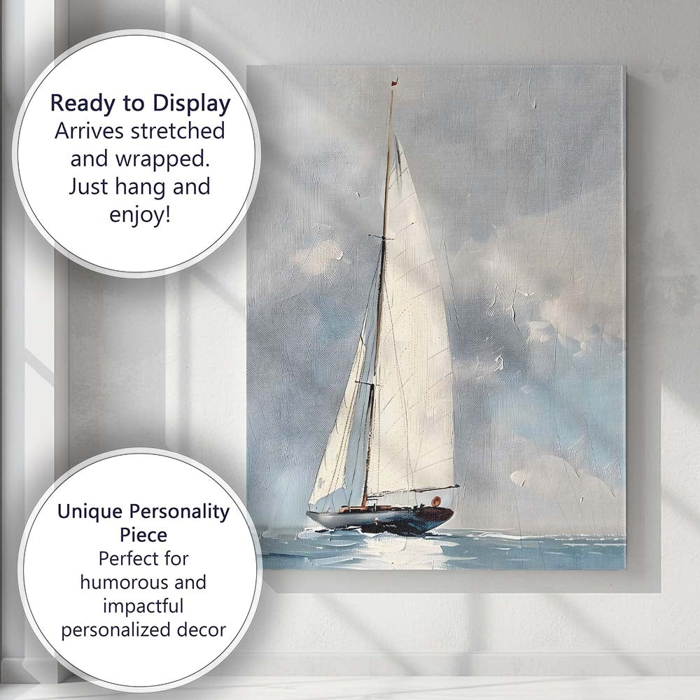 Elegant White Sailboat Minimalist Coastal Seascape Canvas Wall Art Print Decor Picture Ready to Hang