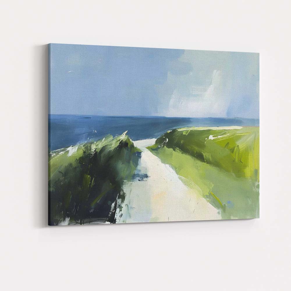 Contemporary Coastal Path Green Clifftop Abstract Seascape Canvas Wall Art Print Decor Picture Ready to Hang