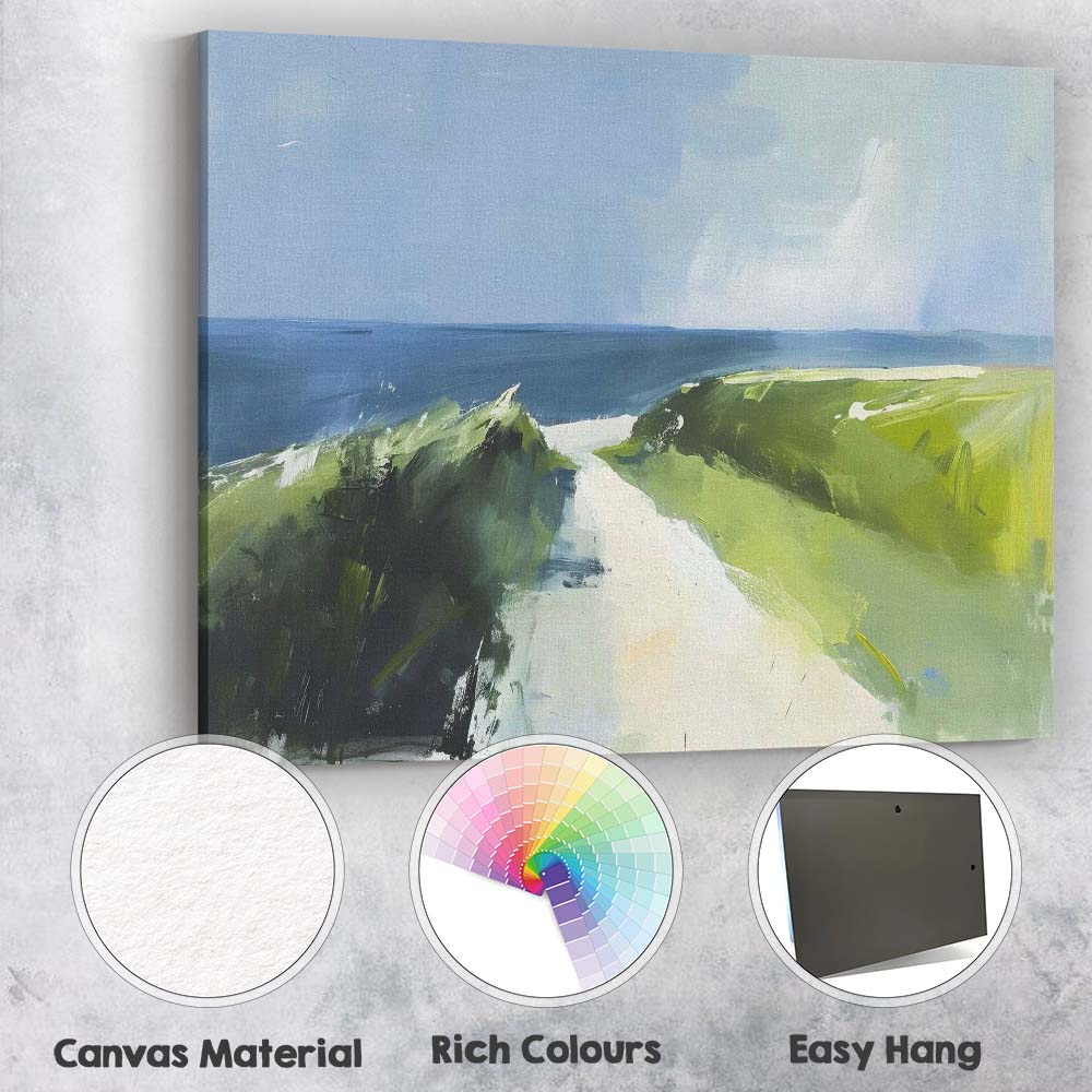 Contemporary Coastal Path Green Clifftop Abstract Seascape Canvas Wall Art Print Decor Picture Ready to Hang