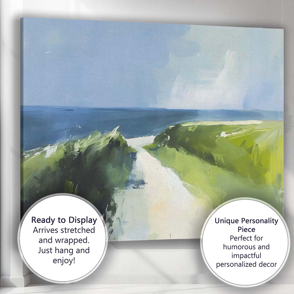 Contemporary Coastal Path Green Clifftop Abstract Seascape Canvas Wall Art Print Decor Picture Ready to Hang