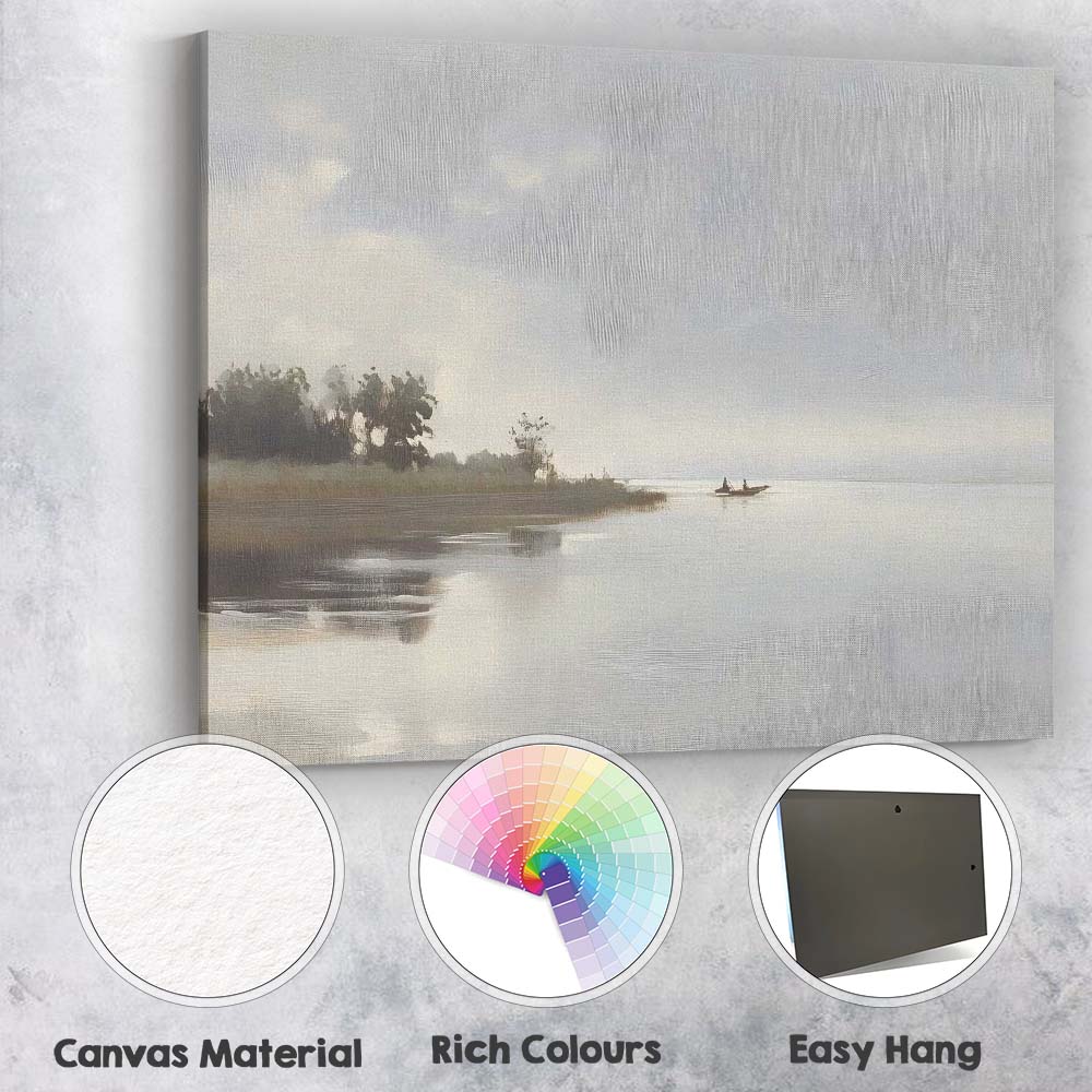 Soft Misty Lakeside Fishing Boat Tranquil Waters Landscape Canvas Wall Art Print Decor Picture Ready to Hang