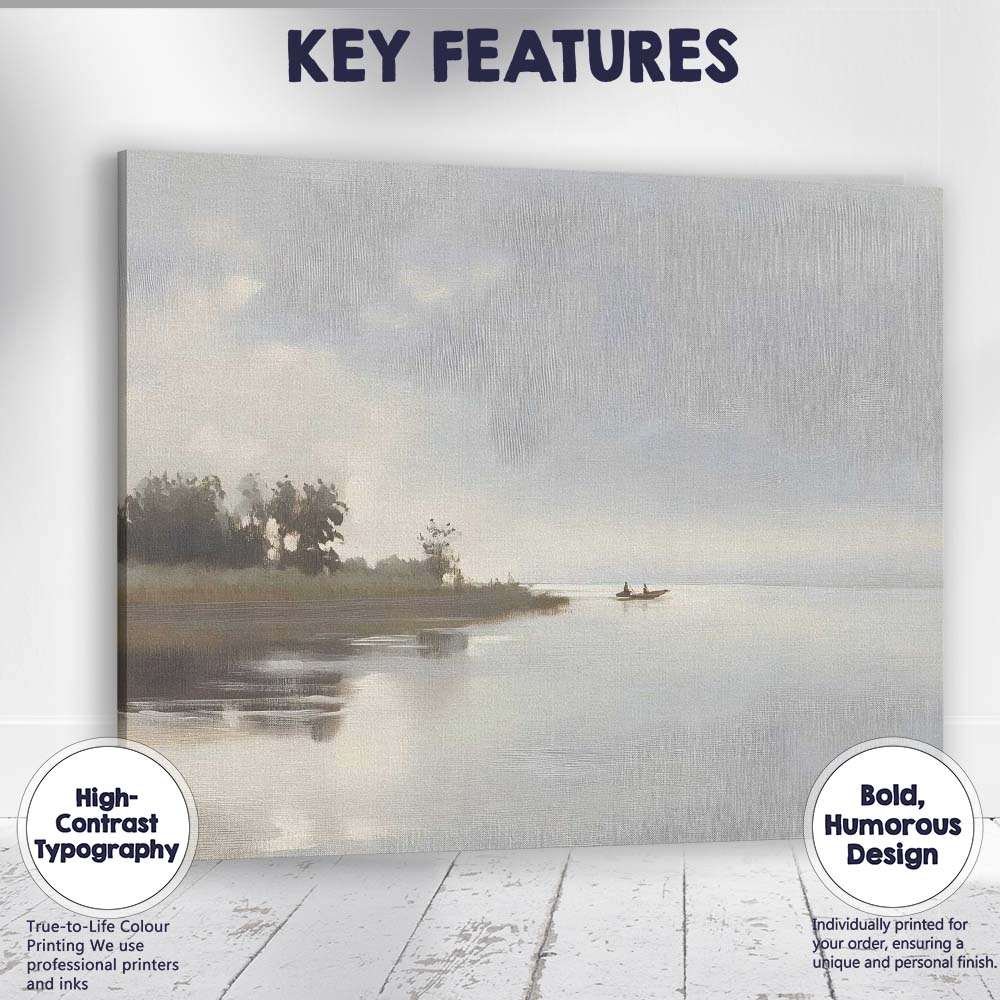 Soft Misty Lakeside Fishing Boat Tranquil Waters Landscape Canvas Wall Art Print Decor Picture Ready to Hang