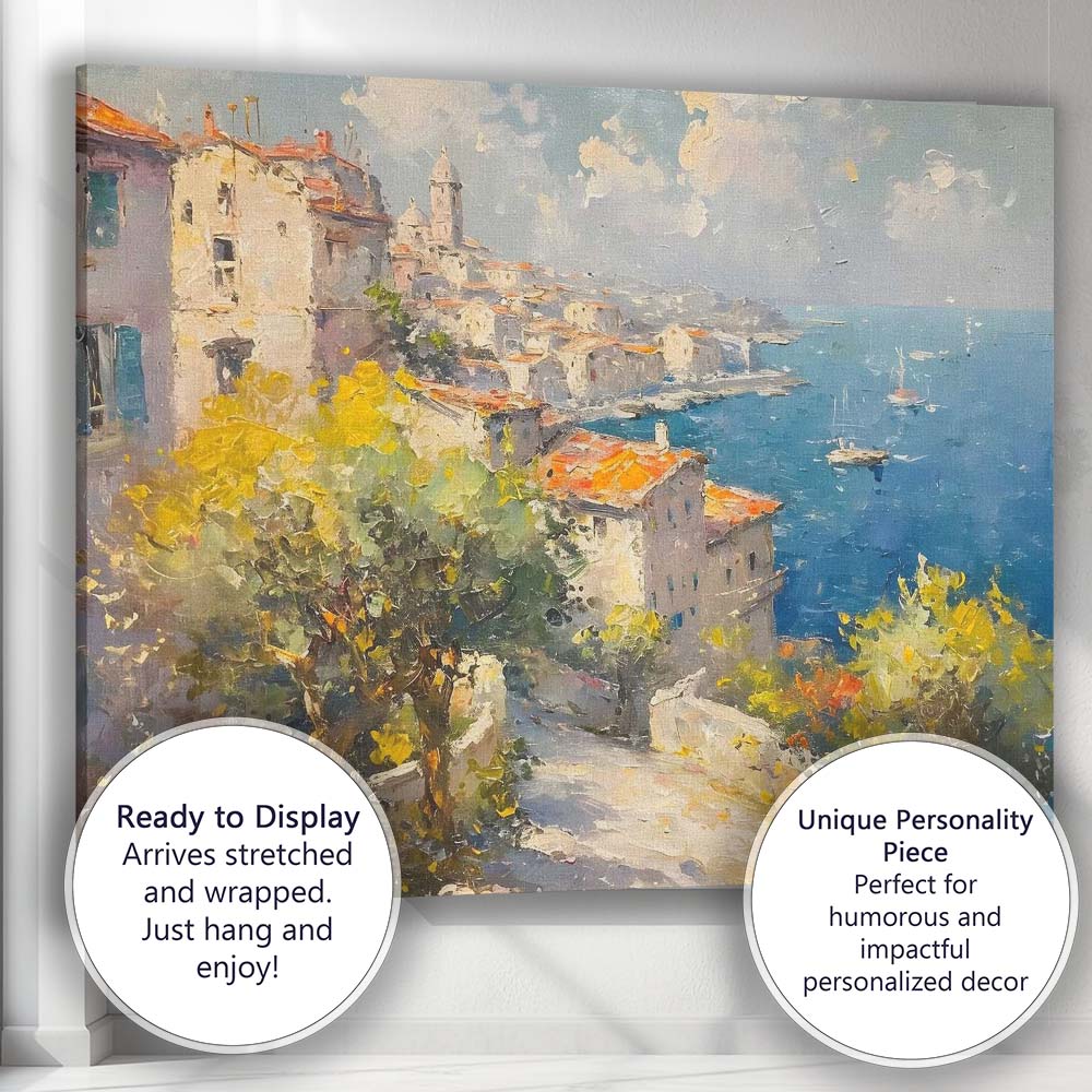 Mediterranean Coastal Village Harbour Impressionist Landscape Canvas Wall Art Print Decor Picture Ready to Hang
