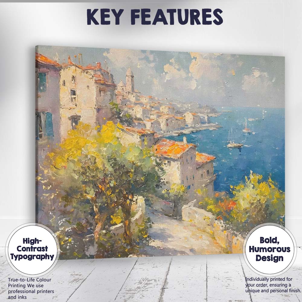 Mediterranean Coastal Village Harbour Impressionist Landscape Canvas Wall Art Print Decor Picture Ready to Hang