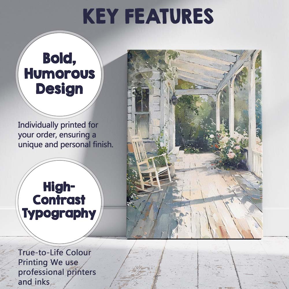 Abstract Impressionist White Garden Veranda Rocking Chair Floral Sunlit Patio Canvas Wall Art Print Decor Picture Ready to Hang
