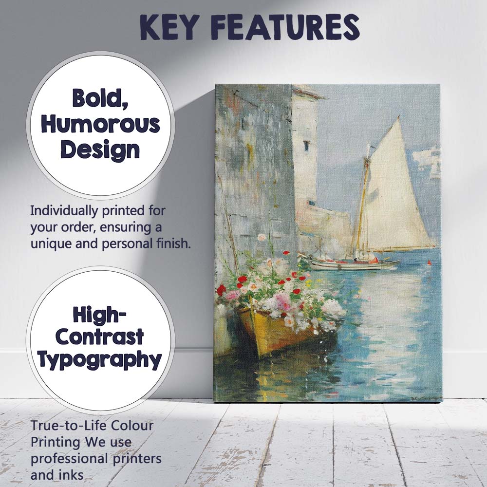 Impressionist Coastal Harbour Sailboat Flower Filled Quayside Seascape Canvas Wall Art Print Decor Picture Ready to Hang