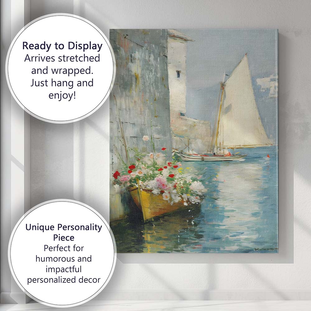 Impressionist Coastal Harbour Sailboat Flower Filled Quayside Seascape Canvas Wall Art Print Decor Picture Ready to Hang