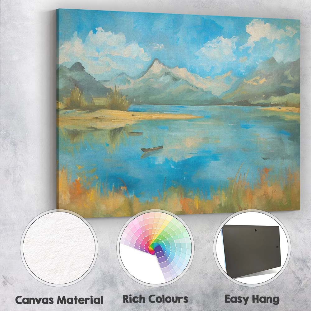 Bright Blue Mountain Lake Panoramic Landscape Impressionist Nature Canvas Wall Art Print Decor Picture Ready to Hang