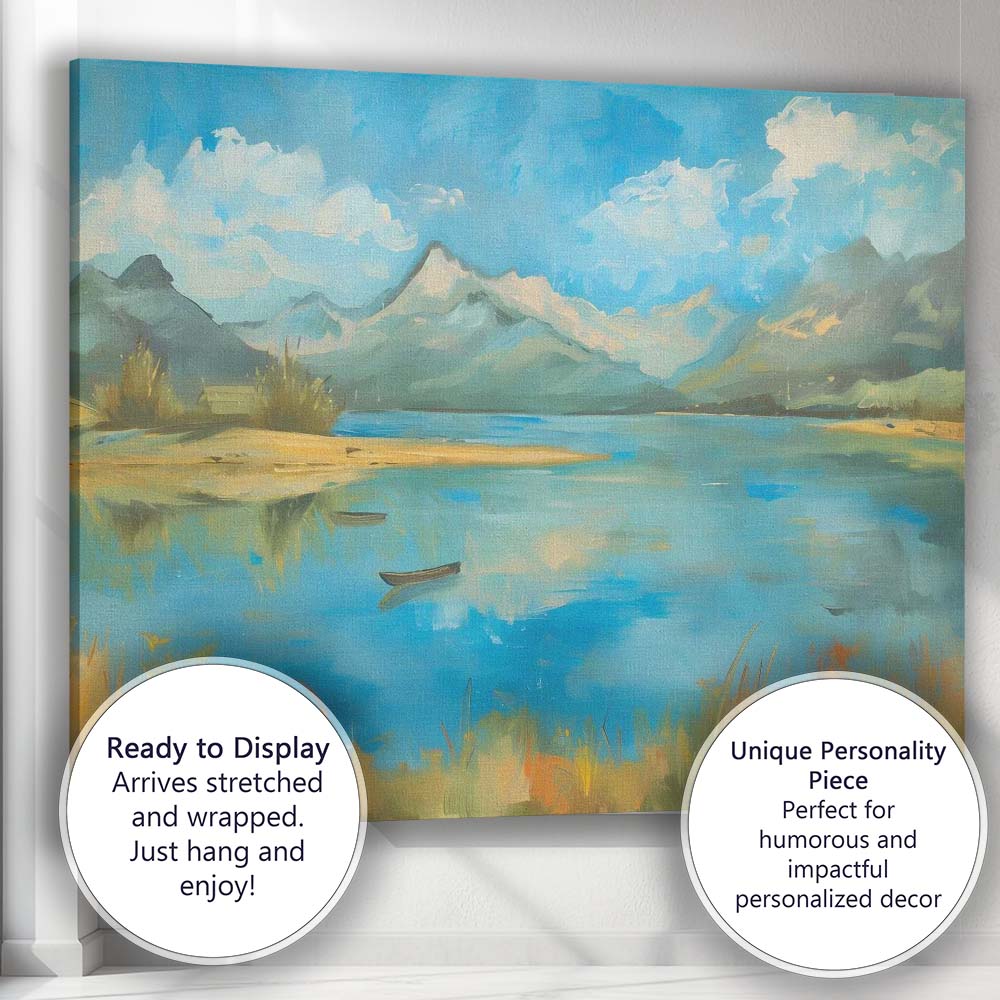 Bright Blue Mountain Lake Panoramic Landscape Impressionist Nature Canvas Wall Art Print Decor Picture Ready to Hang