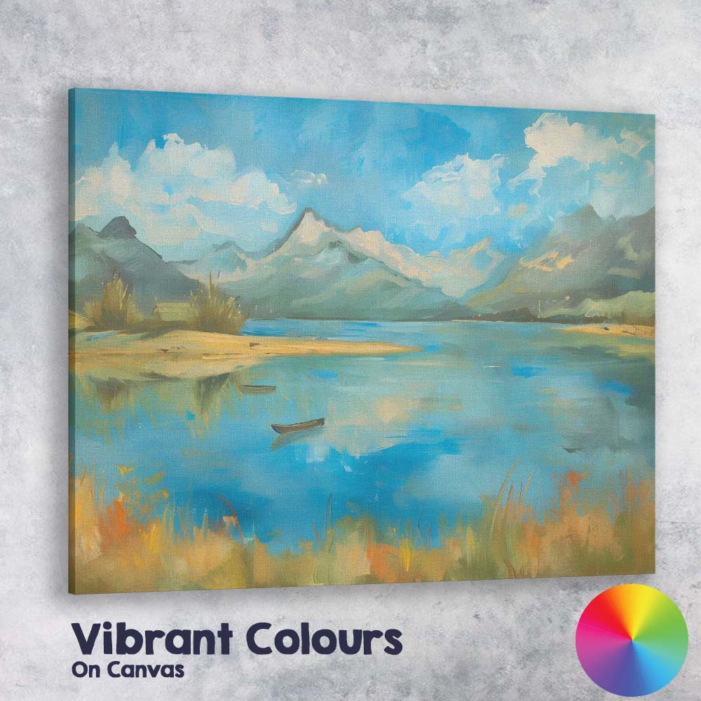 Bright Blue Mountain Lake Panoramic Landscape Impressionist Nature Canvas Wall Art Print Decor Picture Ready to Hang