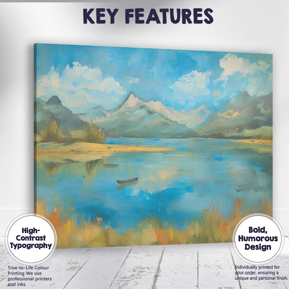 Bright Blue Mountain Lake Panoramic Landscape Impressionist Nature Canvas Wall Art Print Decor Picture Ready to Hang