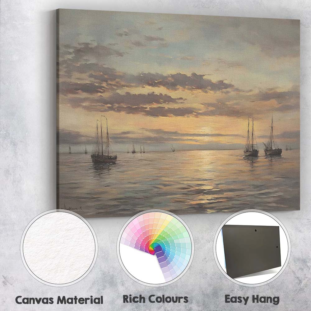 Golden Sunset Sailing Boats Calm Sea Coastal Seascape Canvas Wall Art Print Decor Picture Ready to Hang