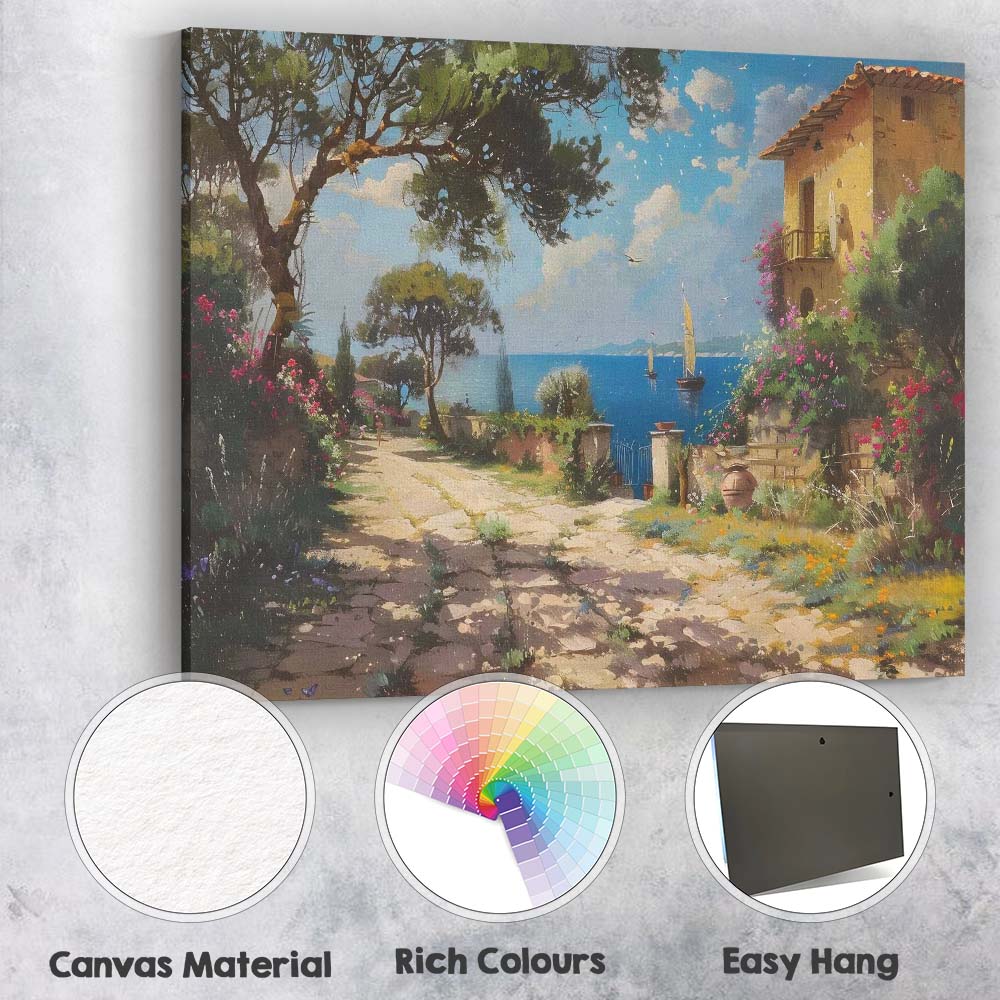 Mediterranean Coastal Garden Villa Colourful Floral Seaside View Canvas Wall Art Print Decor Picture Ready to Hang