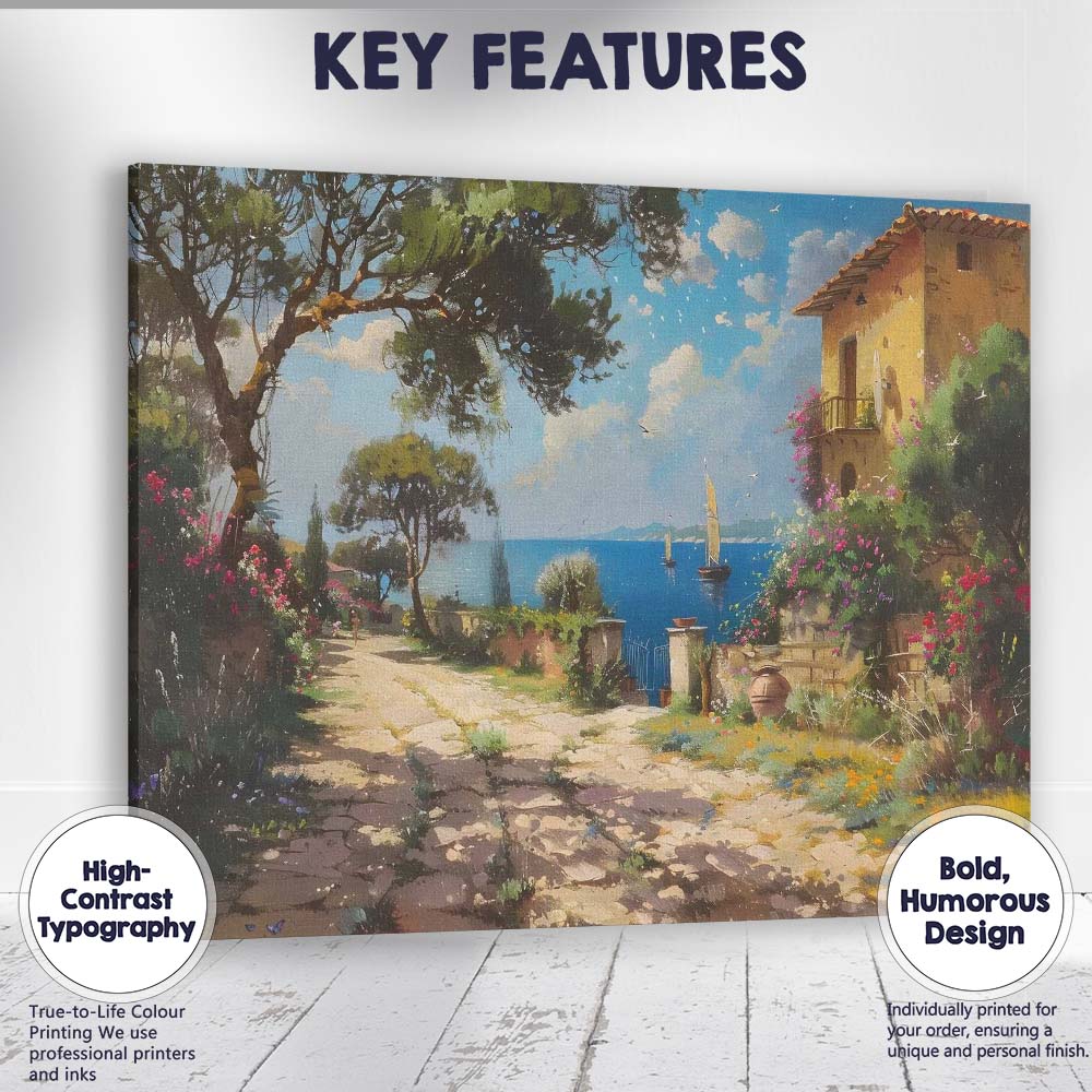 Mediterranean Coastal Garden Villa Colourful Floral Seaside View Canvas Wall Art Print Decor Picture Ready to Hang