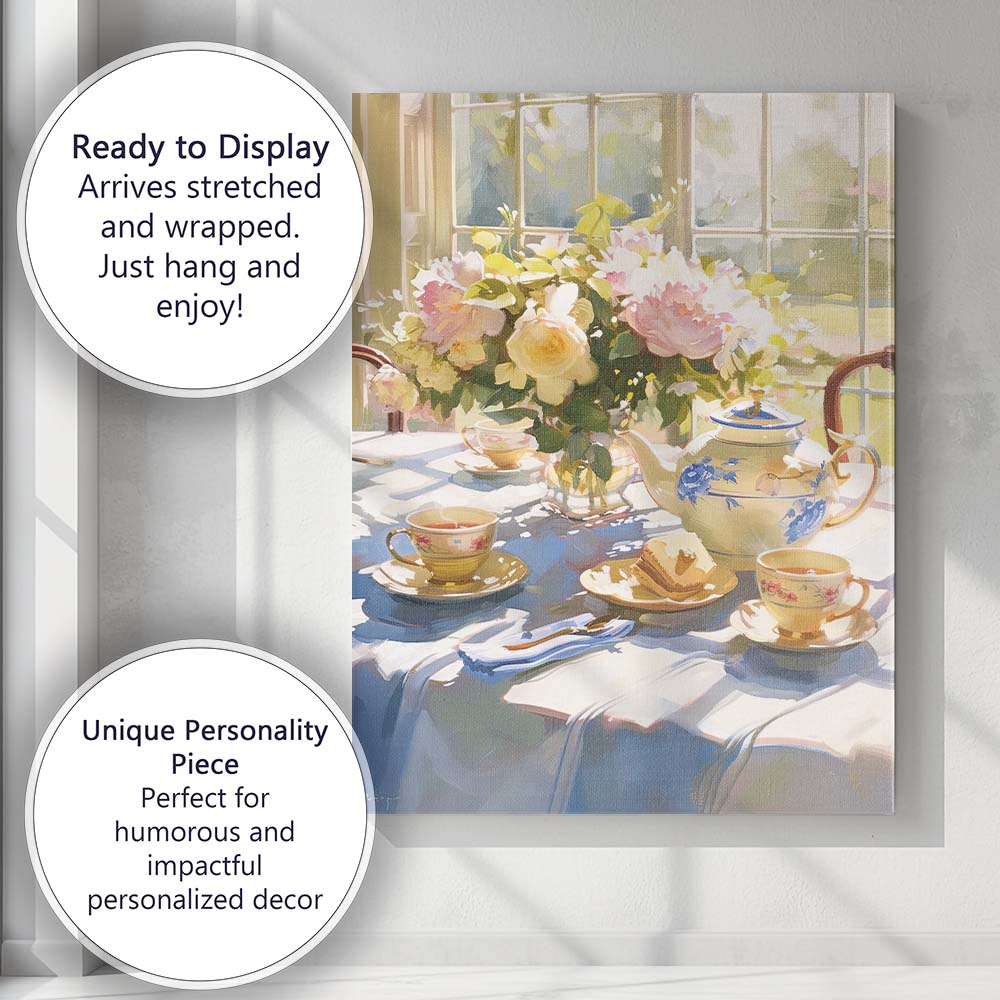 Elegant Floral Tea Time Still Life Window Scene Canvas Wall Art Print Decor Picture Ready to Hang