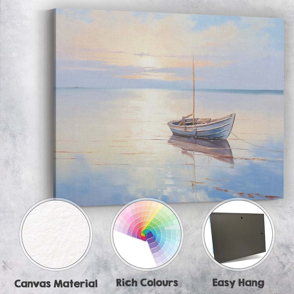 Serene Blue Wooden Rowboat Peaceful Sunrise Seascape Canvas Wall Art Print Decor Picture Ready to Hang