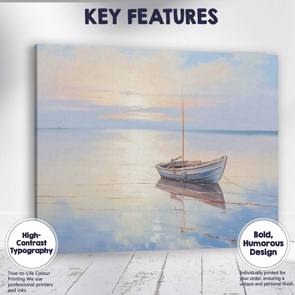 Serene Blue Wooden Rowboat Peaceful Sunrise Seascape Canvas Wall Art Print Decor Picture Ready to Hang