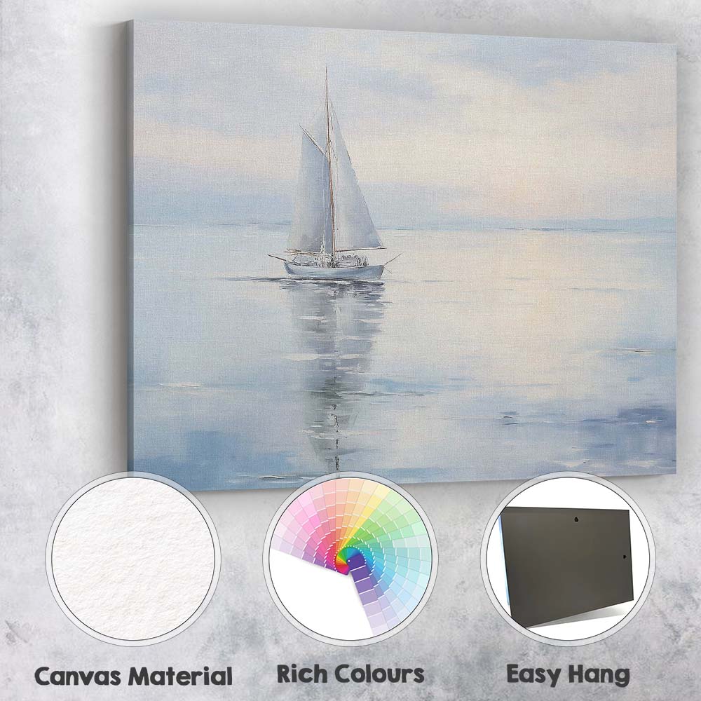 Dreamy Coastal Sailboat Misty Bay Landscape Reflection Canvas Wall Art Print Decor Picture Ready to Hang