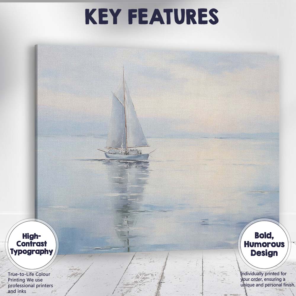 Dreamy Coastal Sailboat Misty Bay Landscape Reflection Canvas Wall Art Print Decor Picture Ready to Hang