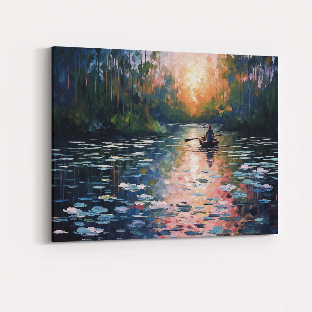 Colourful Forest River Boat Sunset Contemporary Impressionist Canvas Wall Art Print Decor Picture Ready to Hang