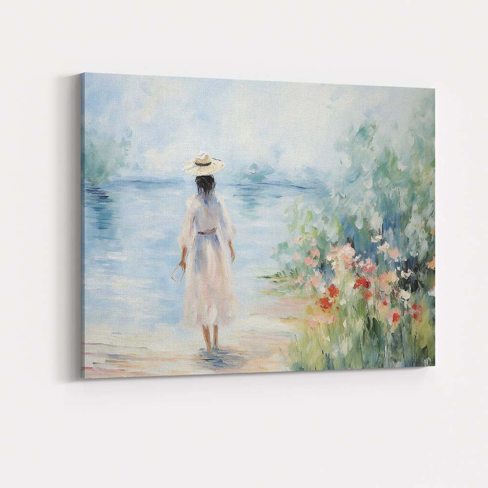 Serene Woman Walking Along Waters Edge Impressionist Canvas Wall Art Print Decor Picture Ready to Hang