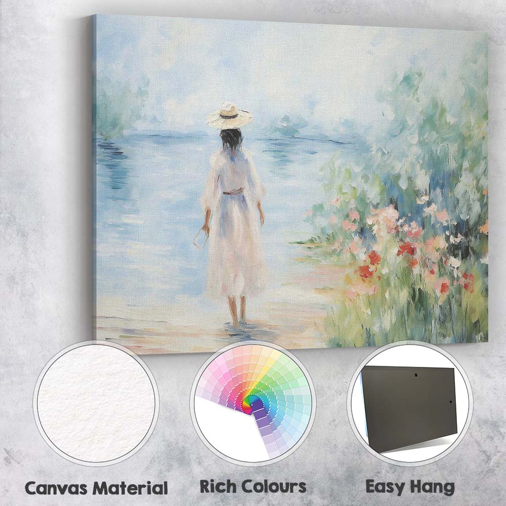 Serene Woman Walking Along Waters Edge Impressionist Canvas Wall Art Print Decor Picture Ready to Hang