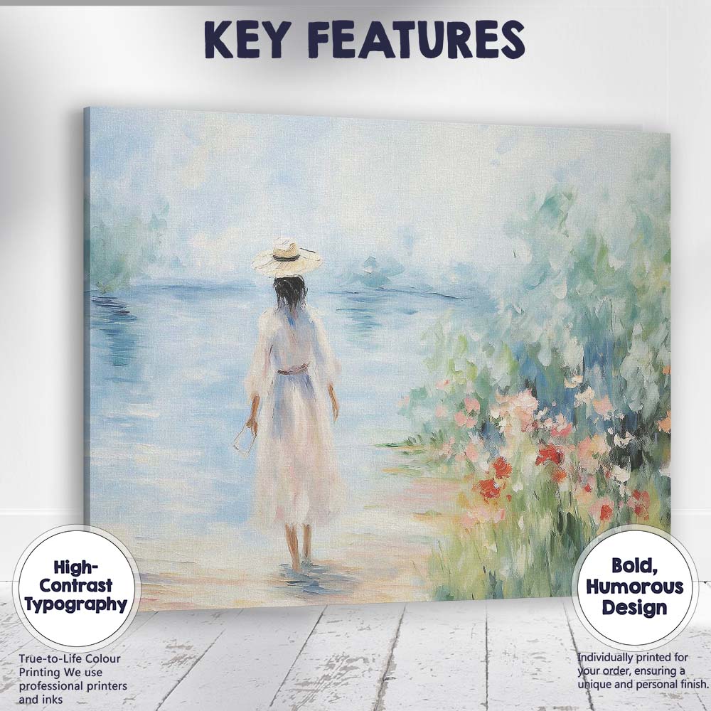 Serene Woman Walking Along Waters Edge Impressionist Canvas Wall Art Print Decor Picture Ready to Hang