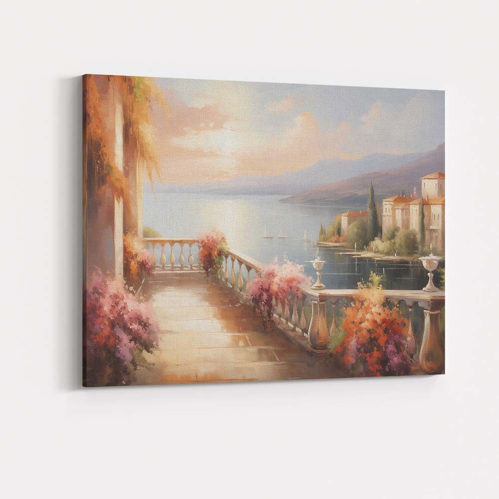 Romantic Mediterranean Lakeside Terrace Sunset Landscape Canvas Wall Art Print Decor Picture Ready to Hang