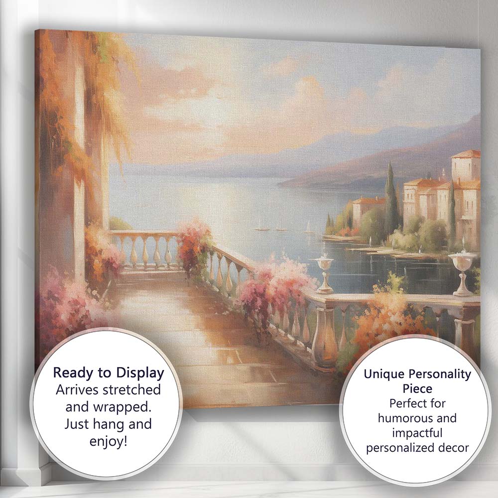 Romantic Mediterranean Lakeside Terrace Sunset Landscape Canvas Wall Art Print Decor Picture Ready to Hang