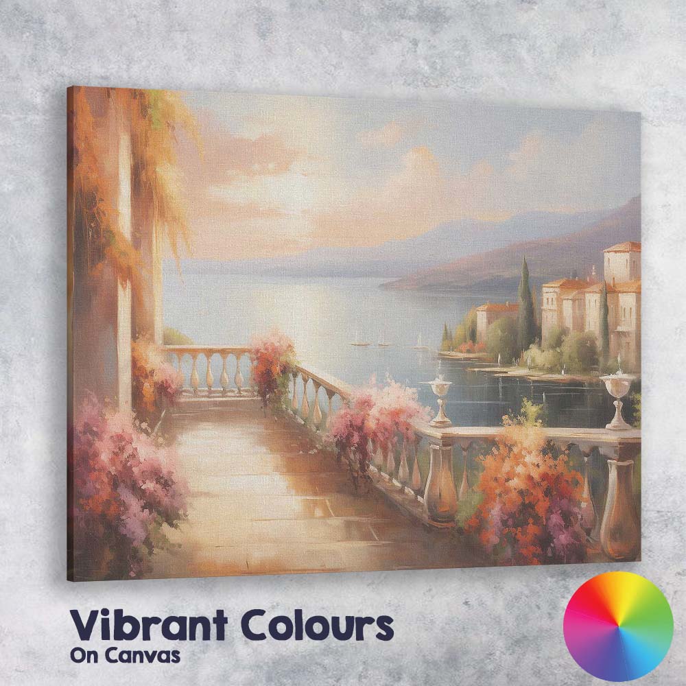 Romantic Mediterranean Lakeside Terrace Sunset Landscape Canvas Wall Art Print Decor Picture Ready to Hang