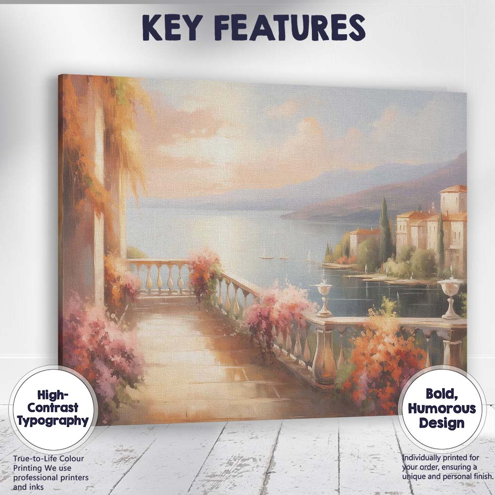 Romantic Mediterranean Lakeside Terrace Sunset Landscape Canvas Wall Art Print Decor Picture Ready to Hang