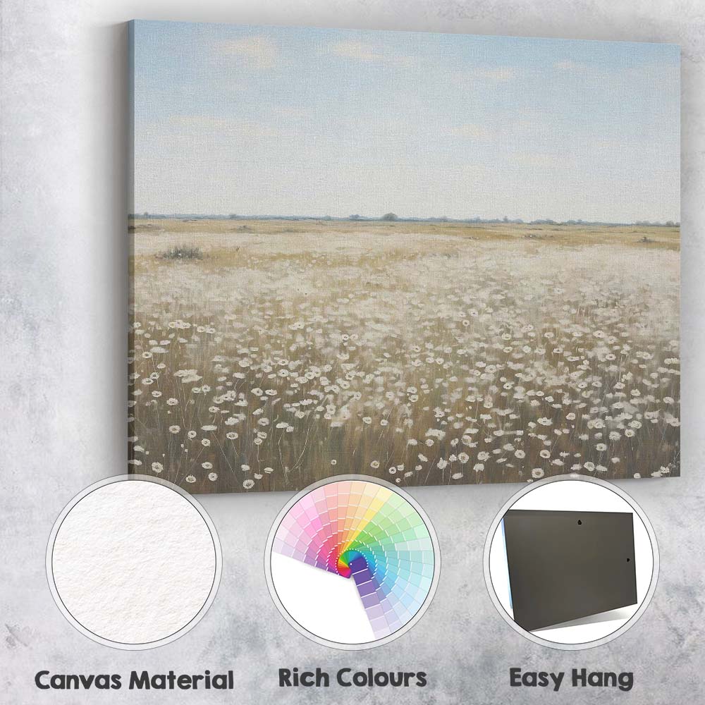 Minimalist White Daisy Wildflower Meadow Panoramic Landscape Canvas Wall Art Print Decor Picture Ready to Hang