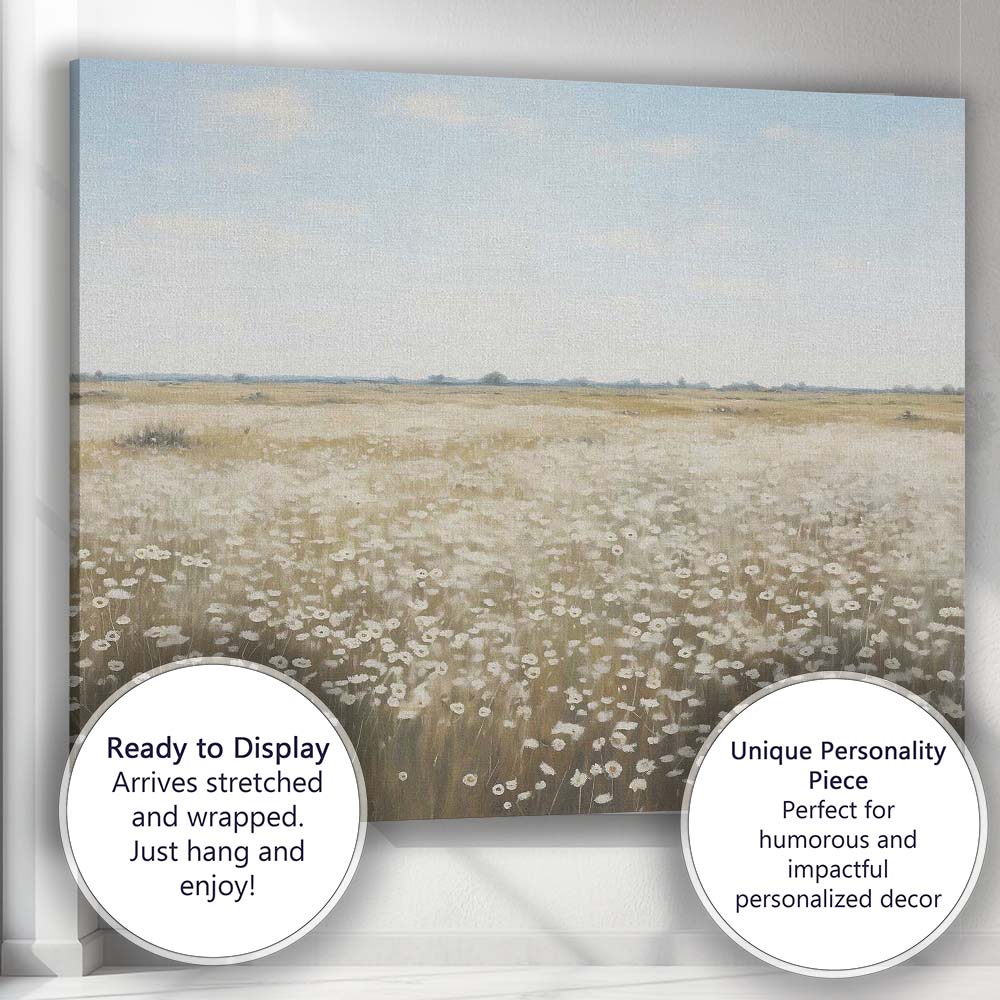 Minimalist White Daisy Wildflower Meadow Panoramic Landscape Canvas Wall Art Print Decor Picture Ready to Hang