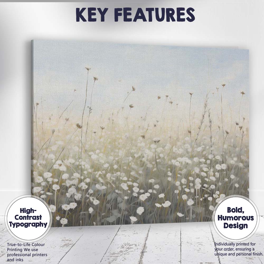 Ethereal White Wildflower Meadow Soft Neutral Landscape Canvas Wall Art Print Decor Picture Ready to Hang