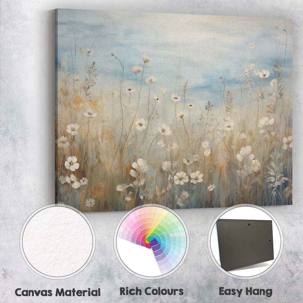 Soft White Meadow Flowers Blue Sky Botanical Landscape Canvas Wall Art Print Decor Picture Ready to Hang