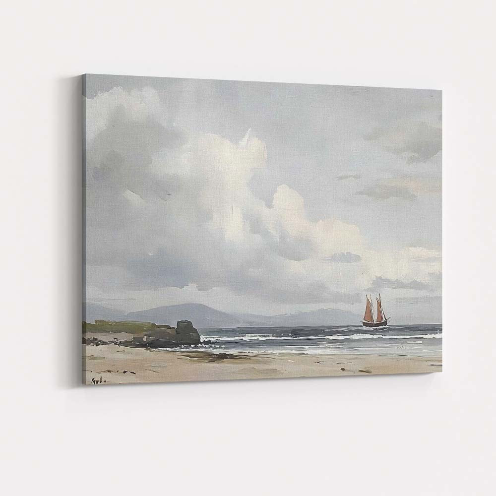 Coastal Beach Sailing Boat Seascape Under Dramatic Clouds Canvas Wall Art Print Decor Picture Ready to Hang